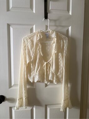 Sheer Ruffle Tie-Front Romantic Feminine Cardigan in Cream Ivory
